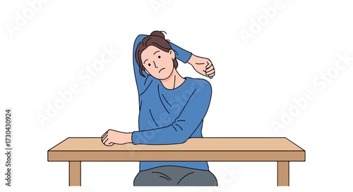 Illustration depicting a woman performing a neck stretch at a desk for ergonomics demonstration during breaks at work in the office or home
