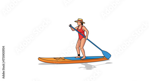 Solo Stand Up Paddleboarding Illustration: Woman Enjoying a Paddle Boarding Adventure on Clear Waters Alone with paddle and summer clothes on the