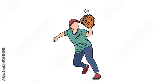 Dynamic softball player catching the ball with leather glove in outlined vector illustration shows the athlete's motion and sport equipment in an