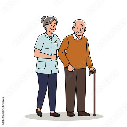 Caregiver Assisting Elderly Man with Walking and Support.