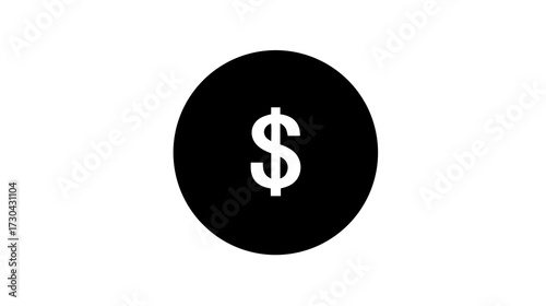Financial dollar sign icon in black circle, representing money, payment, cost, and investment. Simple graphic symbol for business.