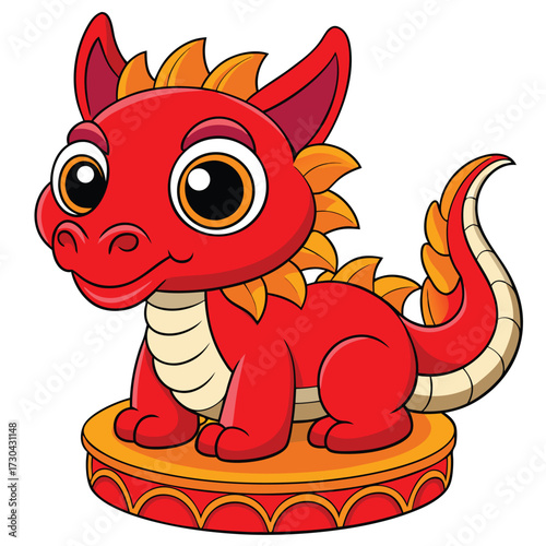 Red baby dragon with orange mane is sitting atop a circus podium cheerfully