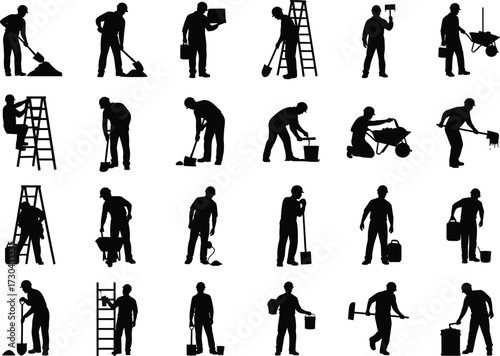 Silhouettes of construction workers performing various tasks with tools, teamwork, labor, shovel, ladder, bucket, wheelbarrow, painting, gear, site