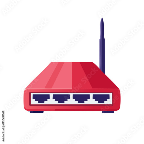 Illustration of a red network router with a blue antenna and ethernet ports for internet connections