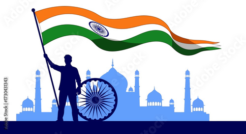 Indian flag waving over Taj Mahal silhouette with a man holding the flag.