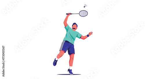 Dynamic badminton player in mid-swing illustration showcasing athleticism and sportsmanship in vector design displaying movement and energy with a