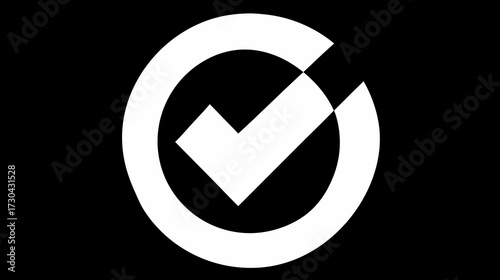 White checkmark icon in a perfect circle, symbolizing approval, completion, verification, and correctness on a stark black background.