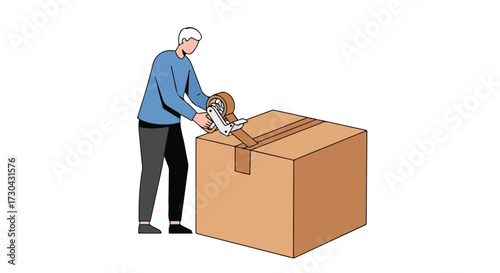 Illustration of a Man Sealing a Cardboard Box with Tape Dispenser, Preparing for Shipping or Moving with Simple Modern Design