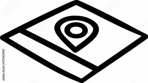 Minimalist location pin icon on a stylized map. GPS navigation, travel destination marker, route guidance symbol, geographic position concept.