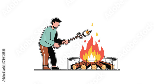 A vibrant illustration showcasing the joy of roasting marshmallows around a crackling campfire under a clear sky reminiscent of summer evenings