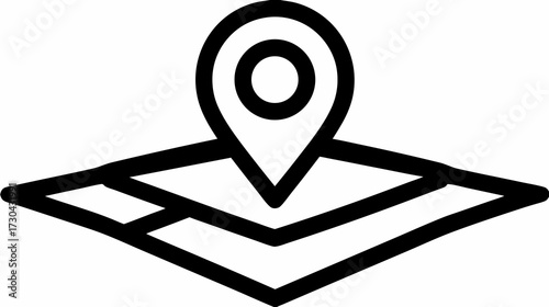 Minimalist black line art icon depicting a location pin on a stylized map, symbolizing navigation, GPS, destination, and geographical position.