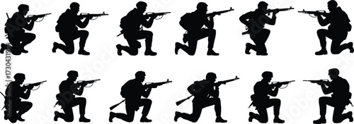 Soldier Silhouette Vector Set Featuring Tactical Poses, Kneeling and Aiming Positions for Military, Combat, War, and Defense Design Themes