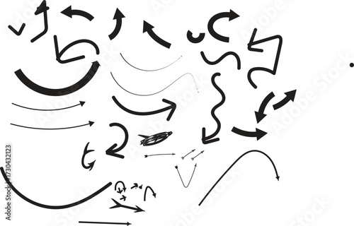 This image is a collection of various hand-drawn arrows and squiggly lines on a white background. The arrows vary in size, thickness, and style, with some appearing as simple lines and others as more 