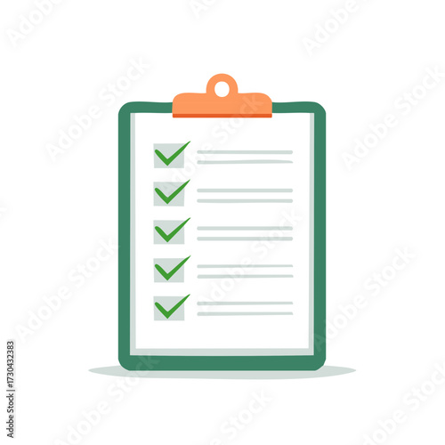 Clipboard with a completed checklist of tasks and green check marks flat vector illustration