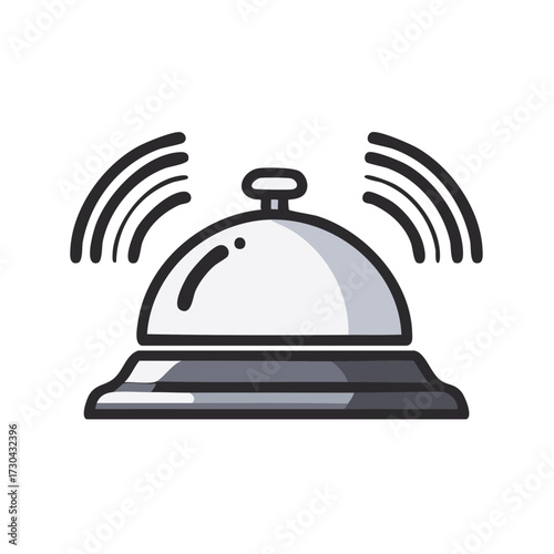 Ringing service bell illustration, reception call vector graphic, concierge communication with sound waves, hotel assistance
