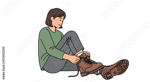 Illustrated woman prepares for outdoor adventure by fastening her sturdy brown hiking boots on white backdrop for hiking adventure trip