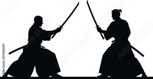 Traditional Japanese sword duel silhouette of martial artists in combat stance with katana, wearing hakama and keikogi on white background