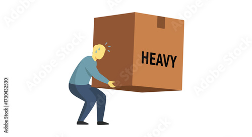 Person struggling to lift a heavy cardboard box marked heavy for relocation process or delivery challenges concept