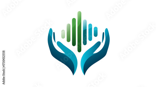 Modern abstract graphic of cupped hands protecting green and blue sound equalizer bars, symbolizing audio balance, care, and technology.