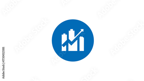 Business growth statistics icon on a blue circle, representing market analysis, financial data, and performance reports