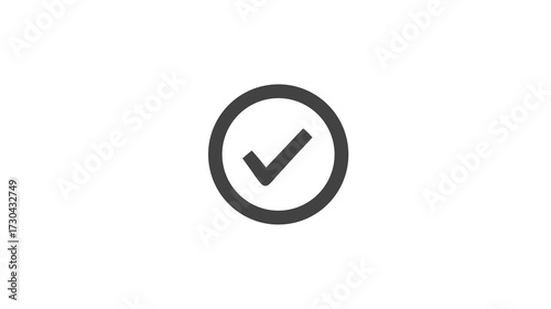Simple dark gray checkmark icon within a circular outline on a clean white background, representing approval, success, and completion.