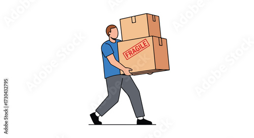 Illustration of a man carrying stacked cardboard boxes marked as fragile depicting delivery or relocation challenge and burden