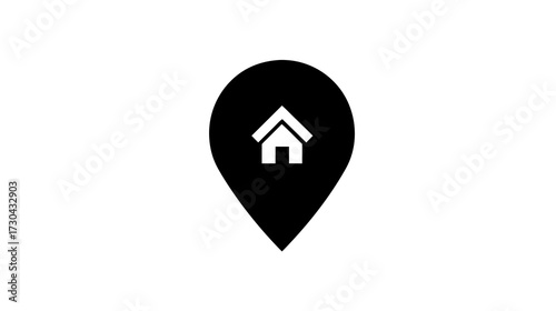 Home location pin icon, modern black and white symbol for address, map navigation, property, or residential point.