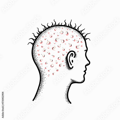 Illustration of red spots on the hairy part of the head  