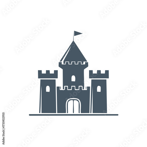Dark Blue Fortress Castle With Towers And Flag Emblem
