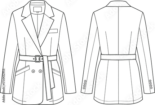 Women's blazer cad drawing flat vector illustration, front and back view, tailored jacket sketch, fashion design, garment construction template