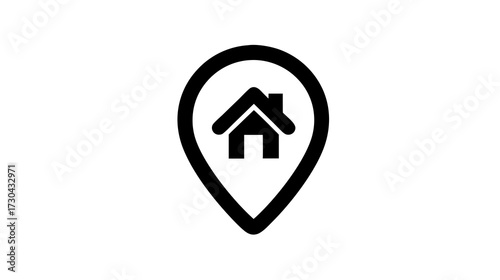 Home location map pin icon, residential address marker symbol, house navigation graphic, real estate property finder concept
