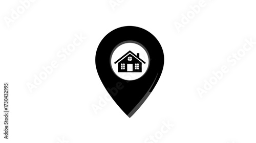 Black home location pin icon, modern map marker with house symbol. Real estate, property address, residential area graphic on white background.