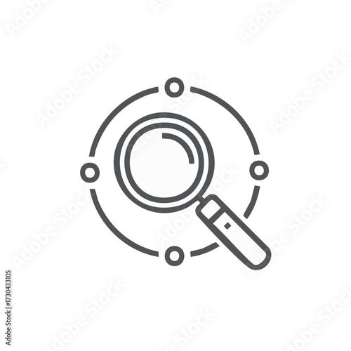 Magnifying glass icon with interconnected nodes representing data analysis and search