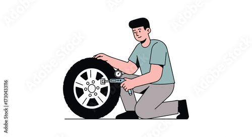 Illustrative depiction of a man diligently checking the tire pressure, emphasizing safety, auto care and vehicle maintenance within automotive
