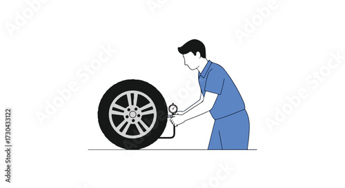 Man checking tire pressure with gauge to maintain proper inflation for vehicle safety and efficient fuel economy on white backdrop