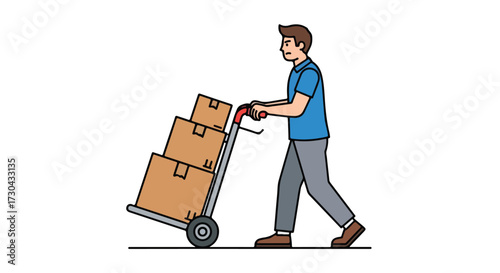 Deliveryman pushing hand truck loaded with parcels, conveying cardboard boxes for shipping or relocation service with efficiency