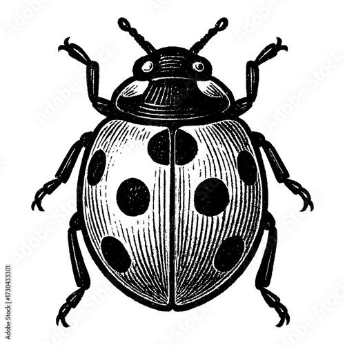 A black and white drawing of a ladybug with black spots. The ladybug is standing on a white background. Vector. Silhouette illustration.