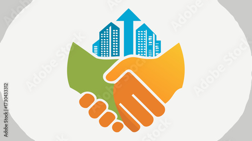 Successful real estate partnership, urban development, and city growth concept with handshake, buildings, and upward arrow icon.