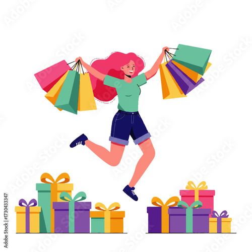 Happy Woman Jumping with Shopping Bags and Gifts.