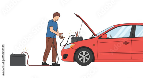 Cartoon illustration of a man jump-starting a red car with a car battery using jumper cables on a white background