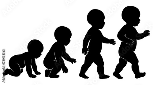 A series of black and white drawings of babies in different stages of development. The drawings are of the same size. Vector. Silhouette illustration.