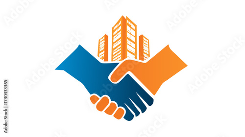 Real estate business partnership handshake with urban buildings background, symbolizing property deals, investment, and construction.