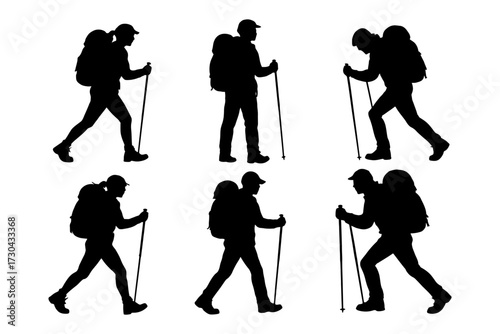 The silhouettes of six people are walking with backpacks and poles. Scene is that of adventure and exploration. Vector. Silhouette illustration.