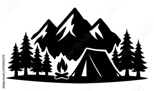 A mountain range with a campfire and a tent in the foreground. Concept of adventure and the outdoors. Vector. Silhouette illustration.