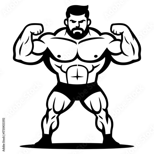 A muscular man with a beard is flexing his biceps. The image is black and white and has a strong. Vector. Silhouette illustration.