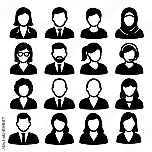A collection of black and white faces with a variety of styles and expressions. The faces are arranged in a grid. Vector. Silhouette illustration.