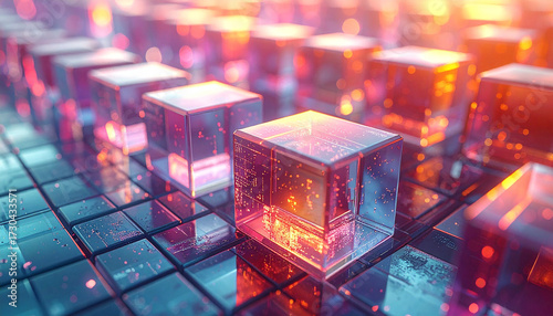 A colorful display of colored glass cubes with colorful lights
2