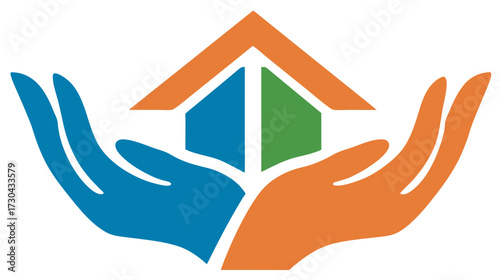 Protecting home concept with two hands cradling a stylized house, symbolizing shelter, care, property, and community support.