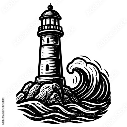 A lighthouse is shown in the water with a wave. The lighthouse is black and white. Vector. Silhouette illustration.