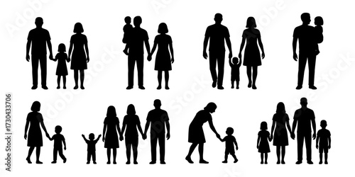 A series of silhouettes of people holding hands, including a man and a woman with a child. Vector silhouette.